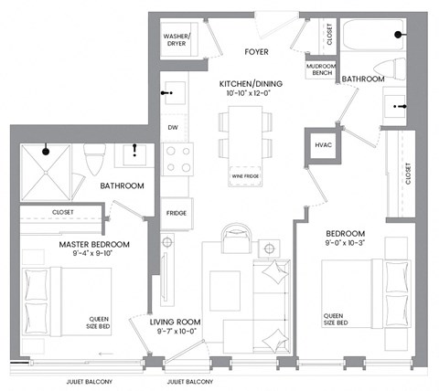 Floor plan for 2 beds, 2 baths, 705 sqft