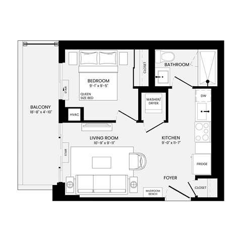 Floor plan for 1 bed, 1 bath, 457 sqft