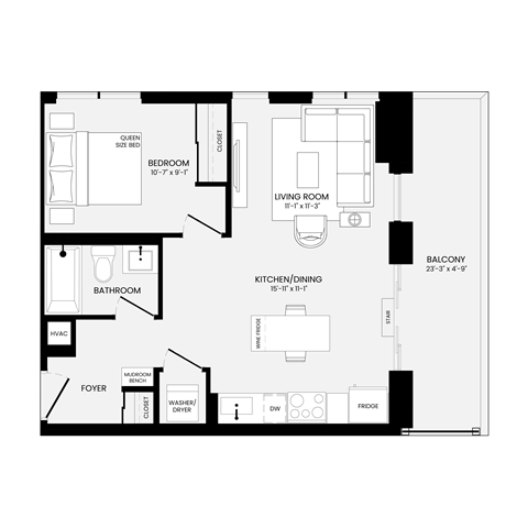 Floor plan for 1 bed, 1 bath, 603 sqft