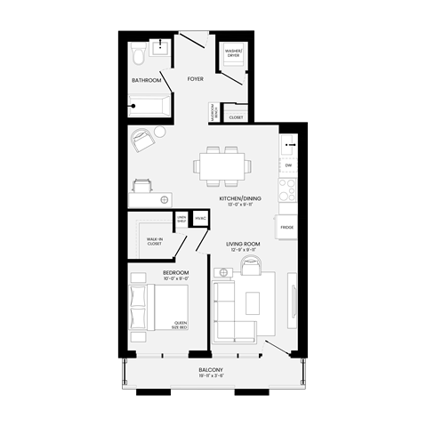Floor plan for 1 bed, 1 bath, 688 sqft