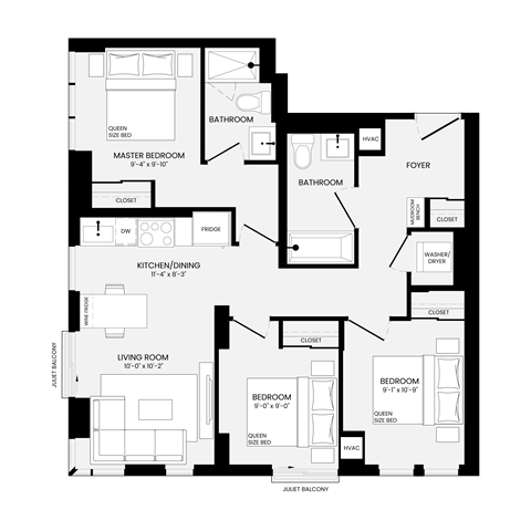 Floor plan for 3 beds, 2 baths, 886 sqft