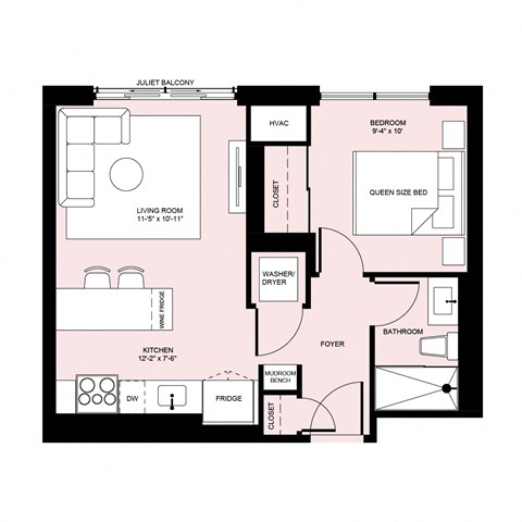 Floor plan for 1 bed, 1 bath, 546 sqft