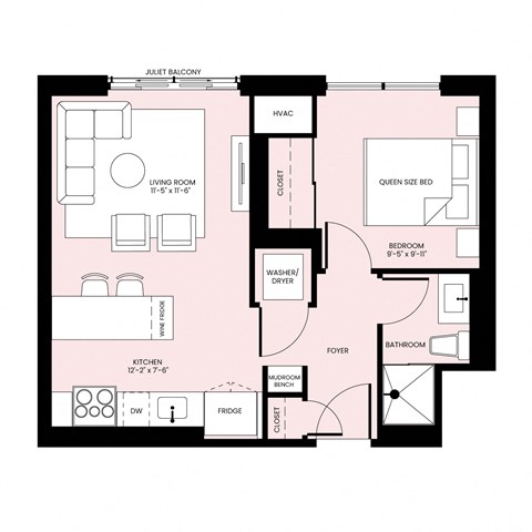 Floor plan for 1 bed, 1 bath, 534 sqft