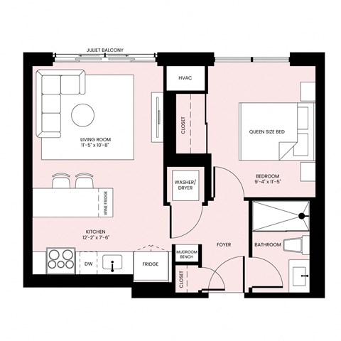Floor plan for 1 bed, 1 bath, 535 sqft
