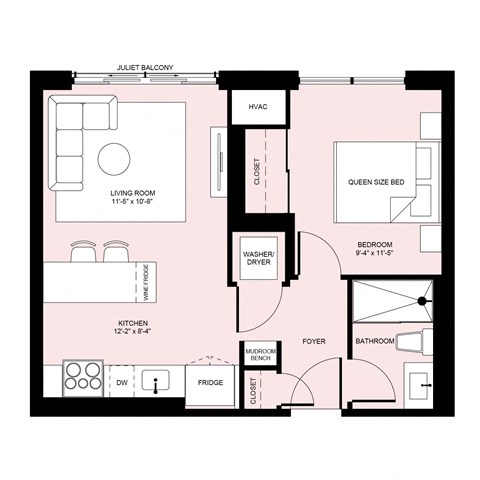 Floor plan for 1 bed, 1 bath, 542 sqft