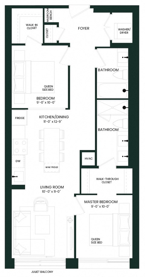 Floor plan for 2 beds, 2 baths, 816 sqft