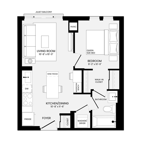 Floor plan for 1 bed, 1 bath, 494 sqft