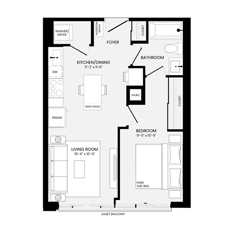 Floor plan for 1 bed, 1 bath, 553 sqft
