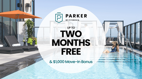 Toronto apartment for rent - A woman relaxes by a pool with a sign offering two months free and a $1,000 move-in bonus.