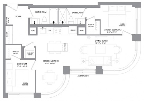 Floor plan for 2 beds, 2 baths, 907 sqft