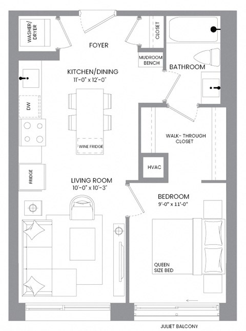 Floor plan for 1 bed, 1 bath, 540 sqft