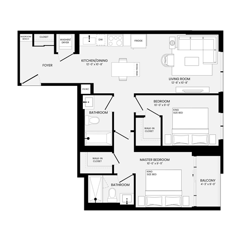 Floor plan for 2 beds, 2 baths, 875 sqft