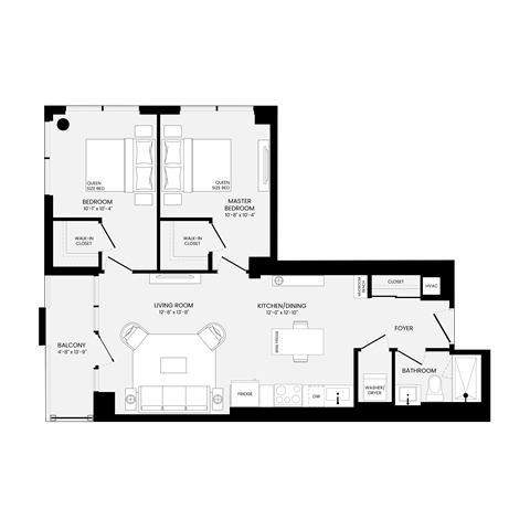 Floor plan for 2 beds, 1 bath, 878 sqft
