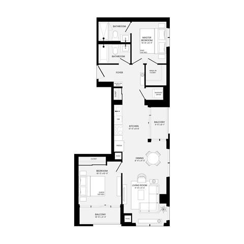 Floor plan for 2 beds, 2 baths, 909 sqft