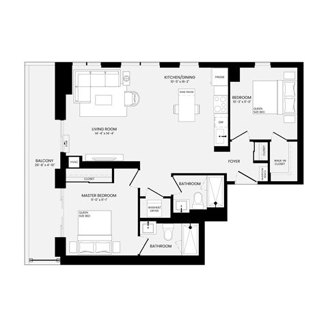 Floor plan for 2 beds, 2 baths, 956 sqft
