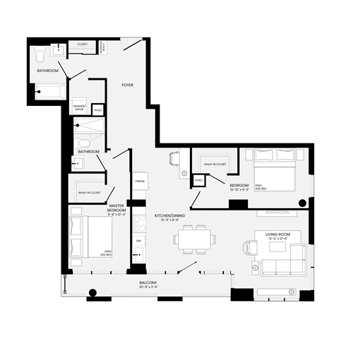 Floor plan for 2 beds, 2 baths, 1122 sqft