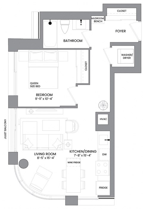 Floor plan for 1 bed, 1 bath, 571 sqft