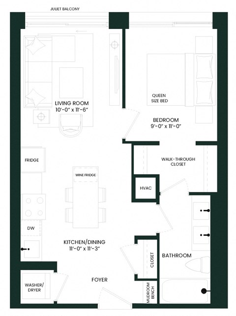 Floor plan for 1 bed, 1 bath, 559 sqft