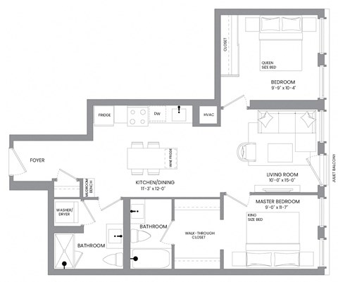 Floor plan for 2 beds, 2 baths, 797 sqft