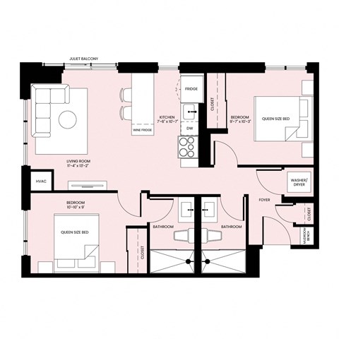 Floor plan for 2 beds, 2 baths, 774 sqft