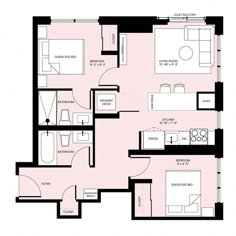 Floor plan for 2 beds, 2 baths, 762 sqft