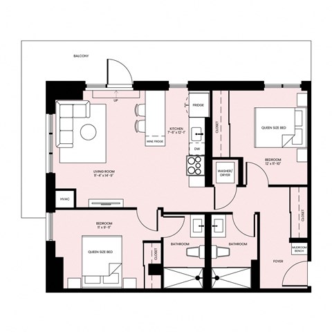 Floor plan for 2 beds, 2 baths, 869 sqft