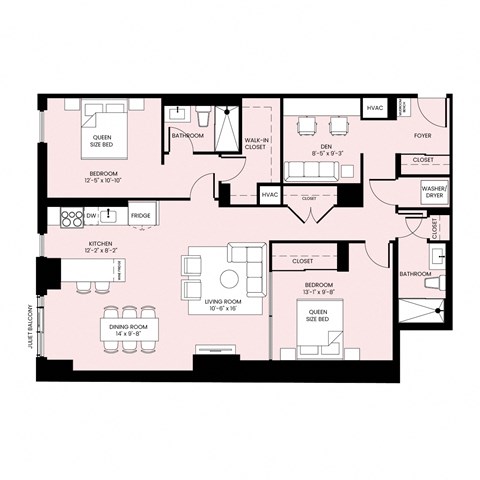 Floor plan for 2 beds, 2 baths, 1392 sqft