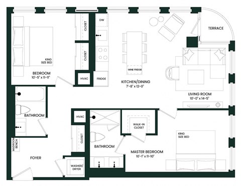Floor plan for 2 beds, 2 baths, 954 sqft