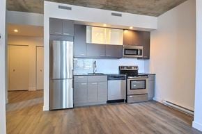 Montreal apartment for rent - a kitchen with stainless steel appliances and a refrigerator