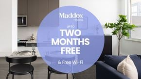 Toronto apartment for rent - A modern kitchen with a sign offering two months free of Maddox Tyndall.