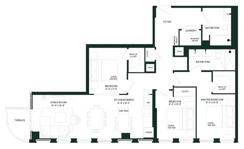 Floor plan for 3 beds, 2 baths, 1157 sqft