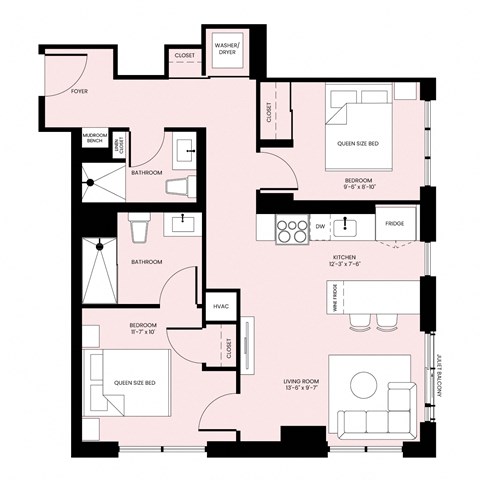 Floor plan for 2 beds, 2 baths, 815 sqft