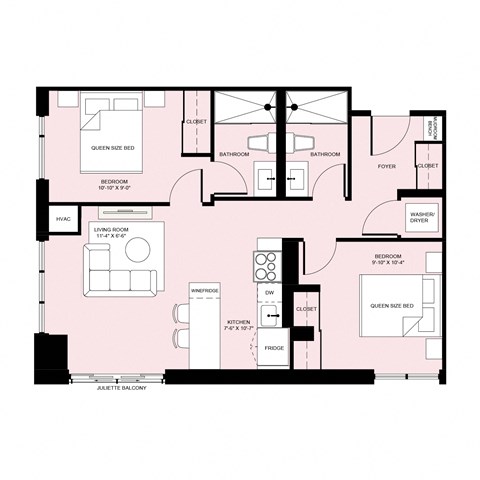 Floor plan for 2 beds, 2 baths, 774 sqft