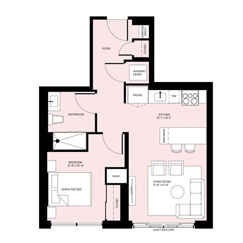Floor plan for 1 bed, 1 bath, 651 sqft