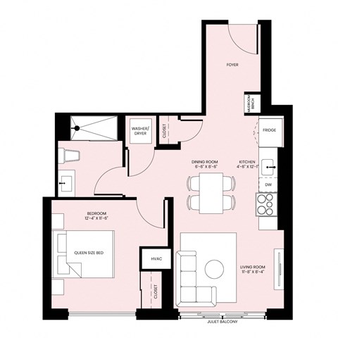 Floor plan for 1 bed, 1 bath, 654 sqft