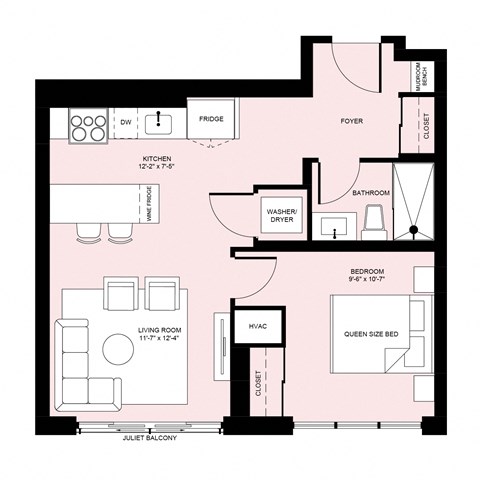 Floor plan for 1 bed, 1 bath, 600 sqft