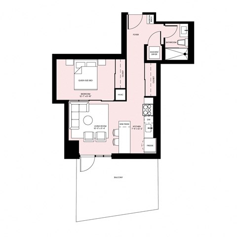 Floor plan for 1 bed, 1 bath, 617 sqft