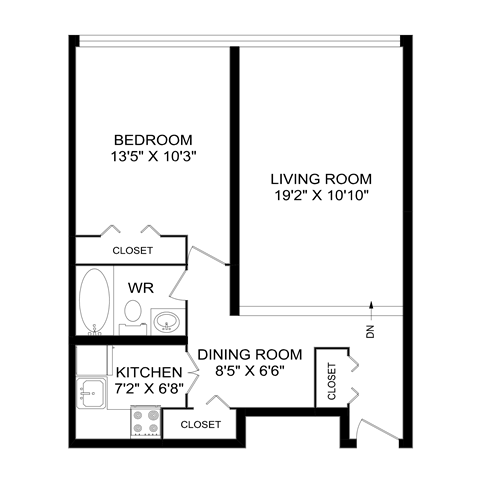 Floor plan for 1 bed, 1 bath, 649 sqft