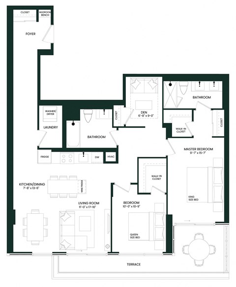 Floor plan for 2 beds, 2 baths, 1269 sqft