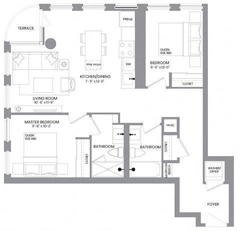 Floor plan for 2 beds, 2 baths, 850 sqft