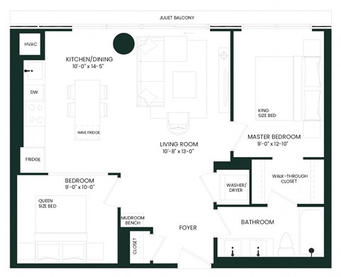 Floor plan for 1 bed, 1 bath, 763 sqft