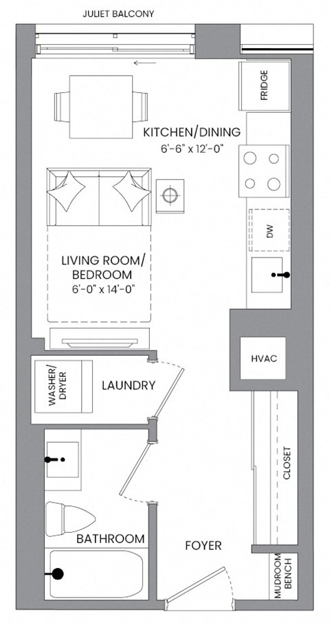 Floor plan for studio, 1 bath, 360 sqft