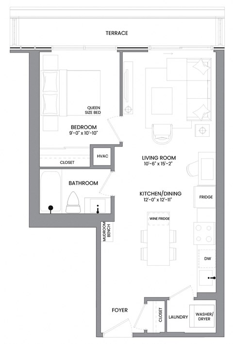 Floor plan for 1 bed, 1 bath, 594 sqft
