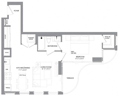 Floor plan for 1 bed, 1 bath, 662 sqft