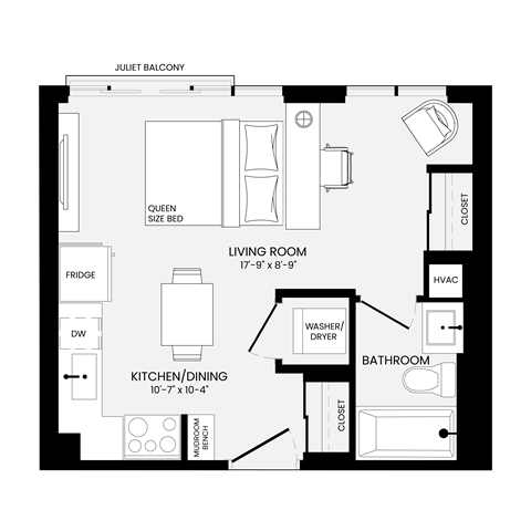 Floor plan for studio, 1 bath, 392 sqft