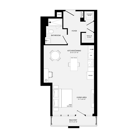 Floor plan for studio, 1 bath, 638 sqft