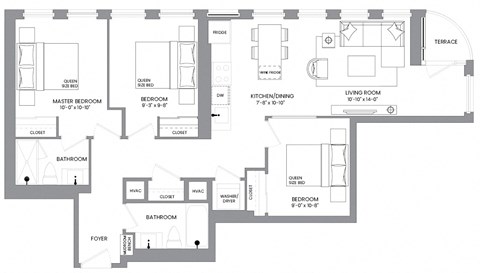 Floor plan for 3 beds, 2 baths, 1024 sqft