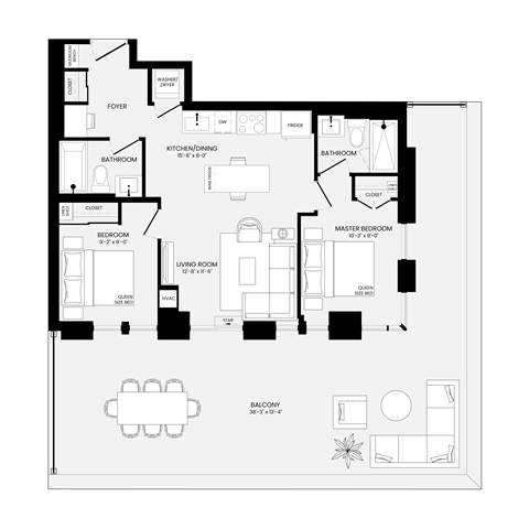 Floor plan for 2 beds, 2 baths, 746 sqft