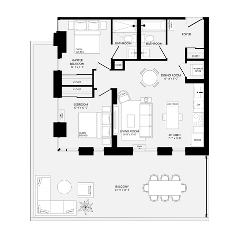 Floor plan for 2 beds, 2 baths, 811 sqft