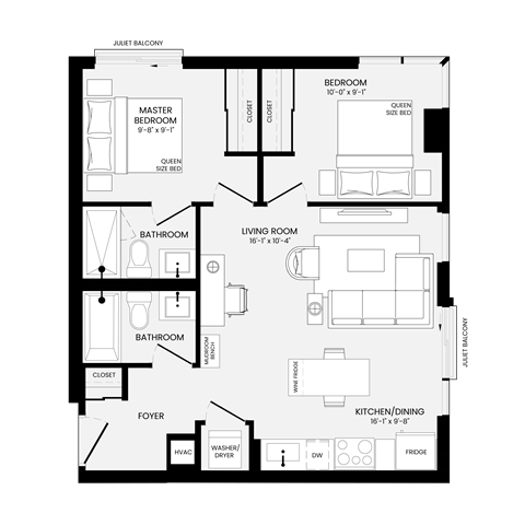 Floor plan for 2 beds, 2 baths, 726 sqft